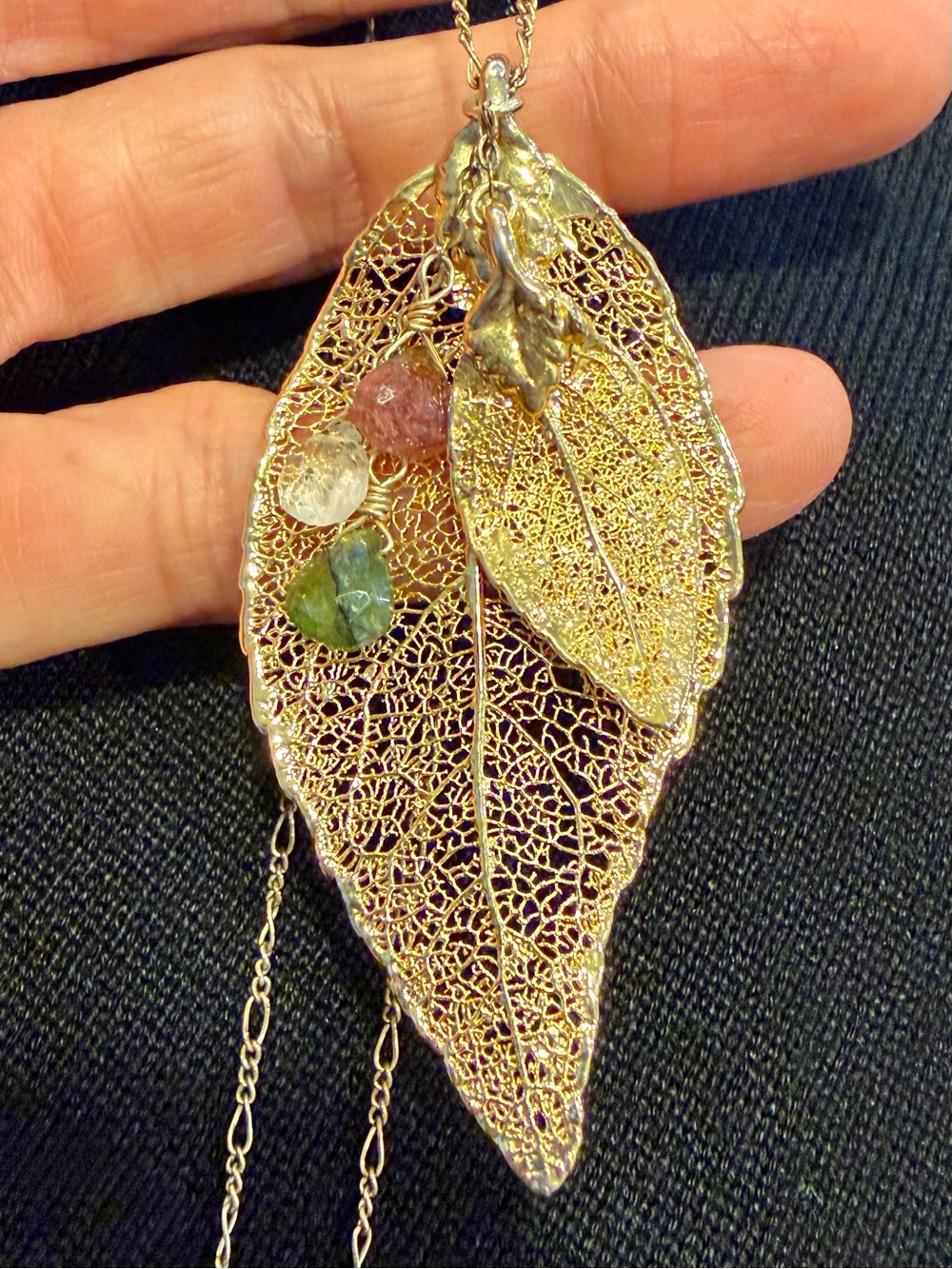 24k Gold Dipped Real Leaf Pendant Necklace with Tourmaline Stones